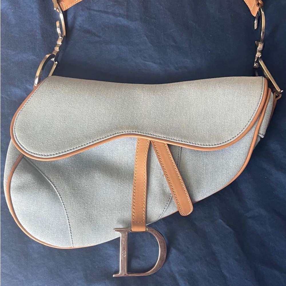 Dior Gray and Tan Shoulder Bag with Iconic Saddle Design